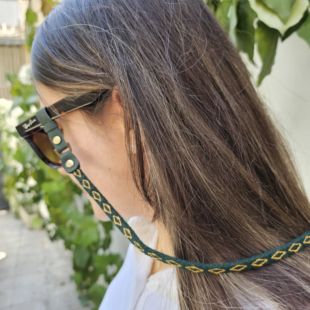 Handwoven Eyewear Strap – “Gol Gerd” green-yellow Pattern