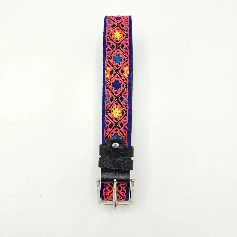 Hand-Embroidered Balochi Belt - red &blue Needlework with black Genuine Leather Hand-Embroidered Balochi Belt - red &blue Needlework with black Genuine Leather