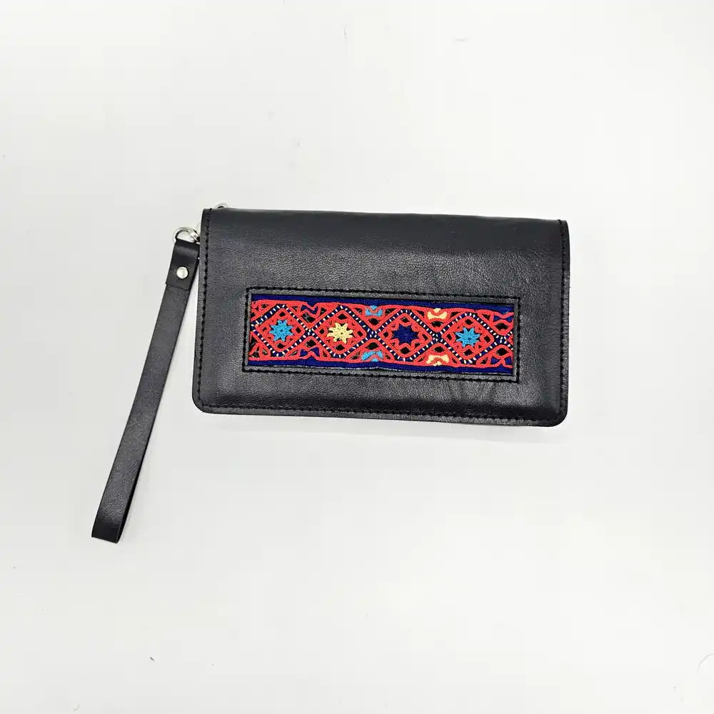 Black Leather Clutch with Balochi Embroidery Black Leather Clutch with Balochi Embroidery
