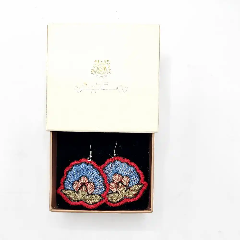 Hand-Embroidered Persian Earrings – Blue Lotus Design (Pateh Stitch)
